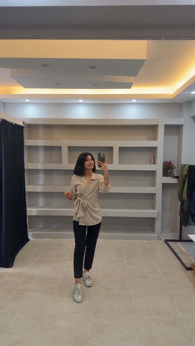 Bej Midi Uzun Kollu Kadın Ofis Bluzu - Görsel 2