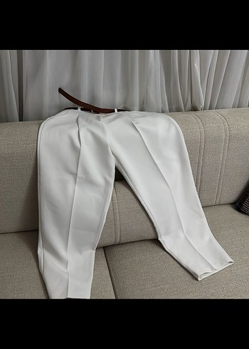 Beyaz Midi Kumaş Pantolon Yırtmaçlı - Görsel 6