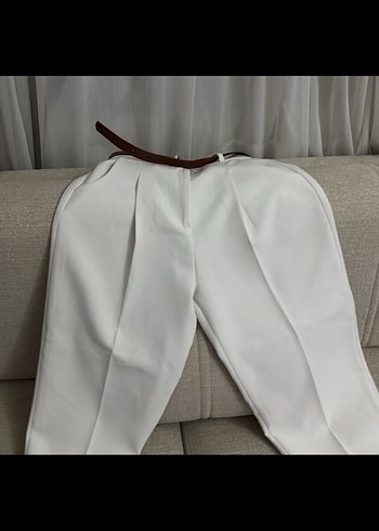 Beyaz Midi Kumaş Pantolon Yırtmaçlı - Görsel 7