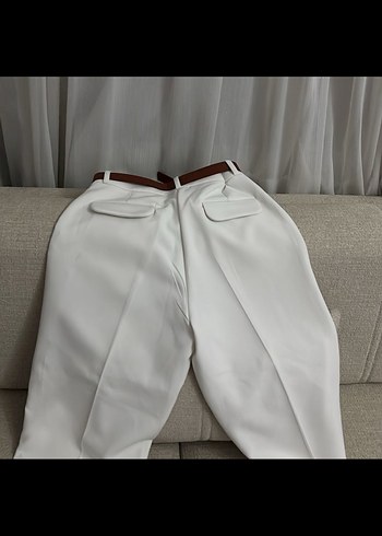 Beyaz Midi Kumaş Pantolon Yırtmaçlı - Görsel 8