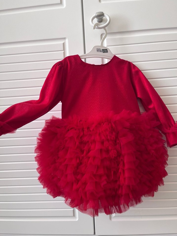 Kız Çocuk Kırmızı Uzun Kollu Fırfırlı Elbise - Görsel 2