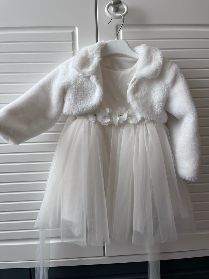 Kız Çocuk Beyaz Tüllü Elbise ve Kürk Detaylı Ceket - Görsel 2