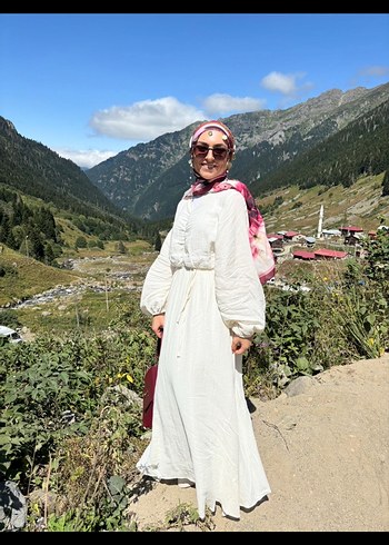 Pamuklu Etnik Desenli Beyaz Uzun Elbise - Görsel 3