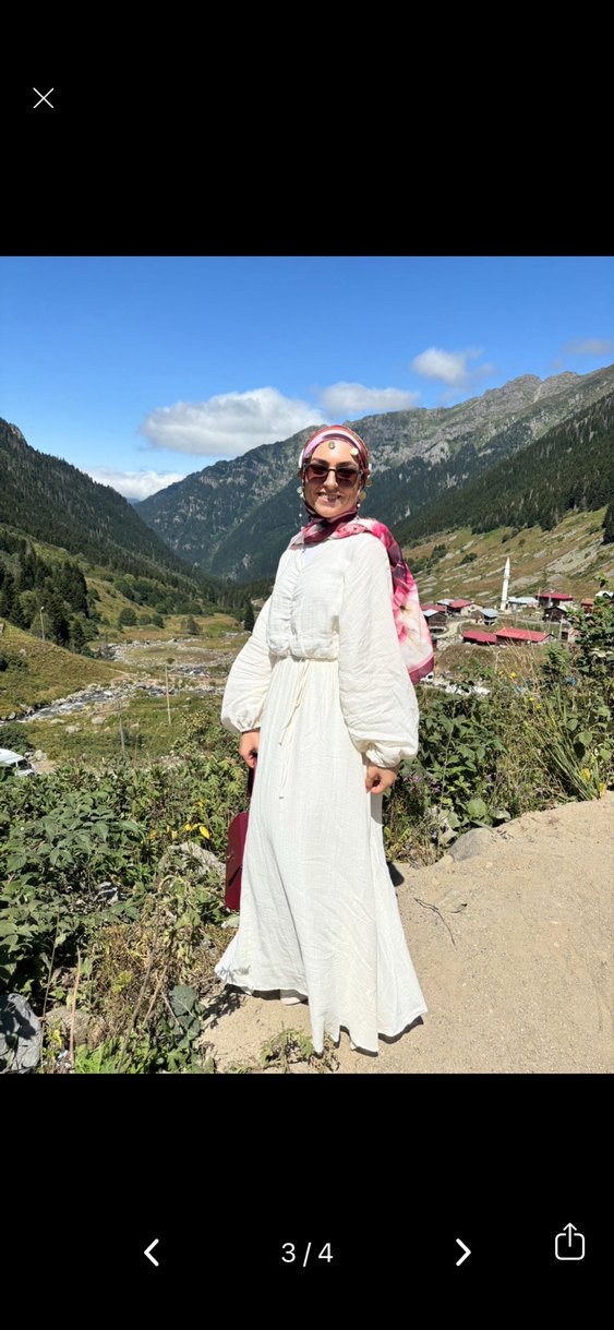 Pamuklu Etnik Desenli Beyaz Uzun Elbise - Görsel 3