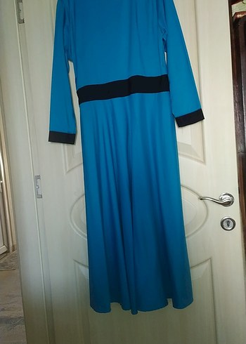 Uzun Kollu Mavi Kadın Uzun Elbise - Görsel 3