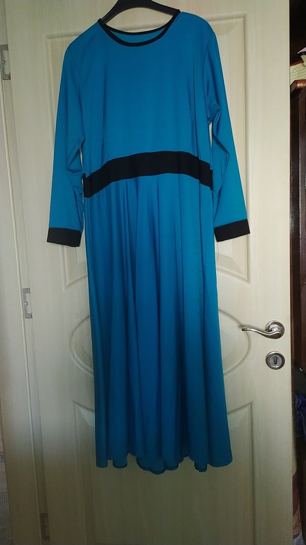 Uzun Kollu Mavi Kadın Uzun Elbise - Görsel 2