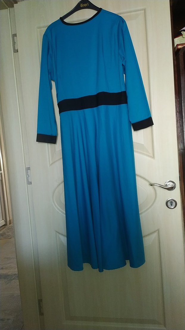 Uzun Kollu Mavi Kadın Uzun Elbise - Görsel 3