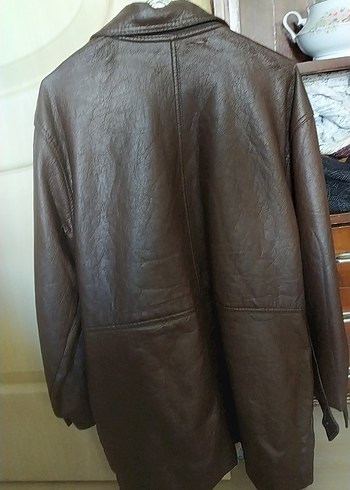 Düğmeli Kahverengi Midi Deri Ceket - Görsel 3