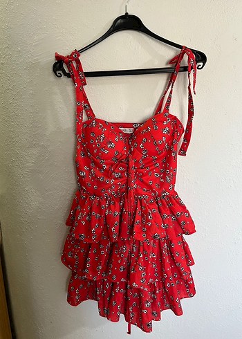 Kırmızı Çiçekli Fırfırlı Mini Elbise - Görsel 2