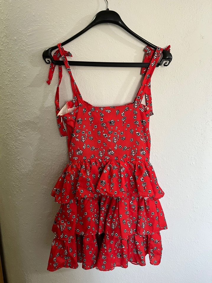 Kırmızı Çiçekli Fırfırlı Mini Elbise - Görsel 4