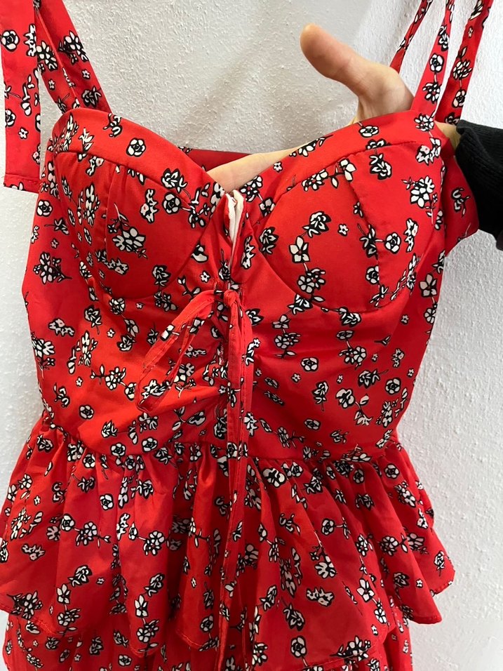 Kırmızı Çiçekli Fırfırlı Mini Elbise - Görsel 3