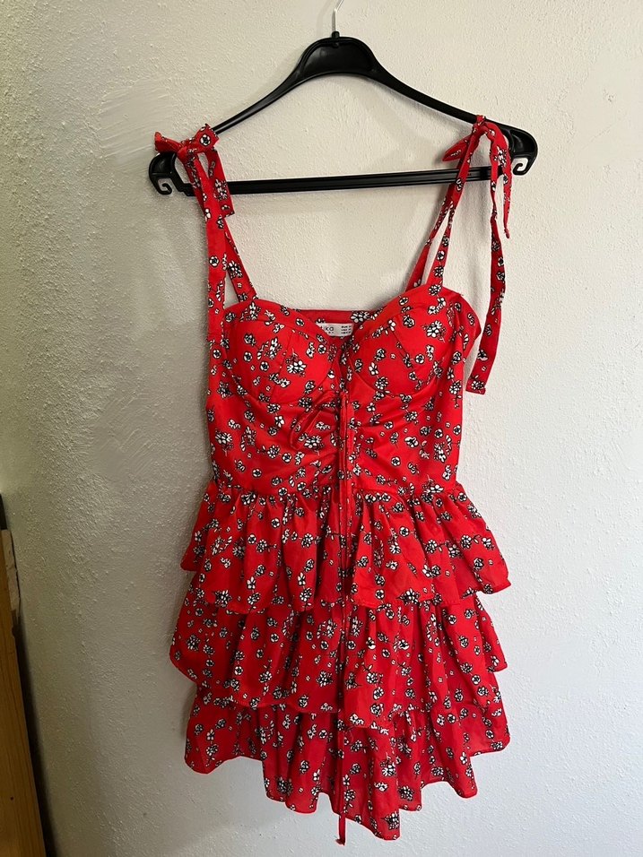 Kırmızı Çiçekli Fırfırlı Mini Elbise - Görsel 2