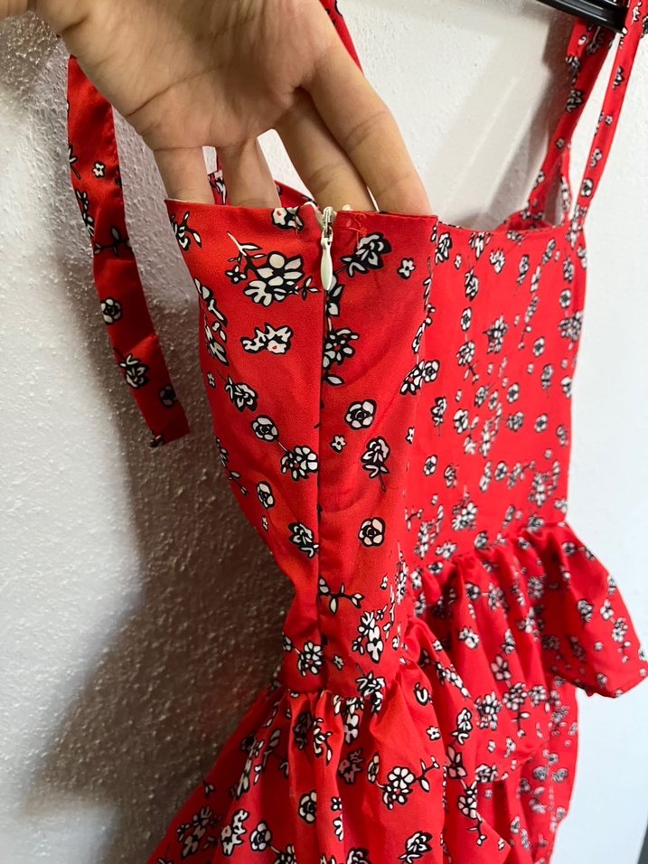 Kırmızı Çiçekli Fırfırlı Mini Elbise - Görsel 5