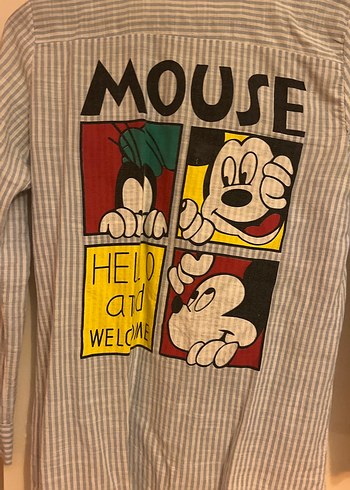 Mickey Mouse Desenli Uzun Kollu Mavi Çizgili Kadın Gömlek - Görsel 2