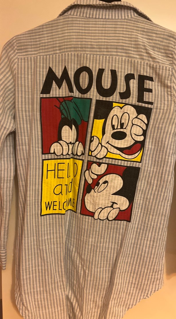 Mickey Mouse Desenli Uzun Kollu Mavi Çizgili Kadın Gömlek - Görsel 2