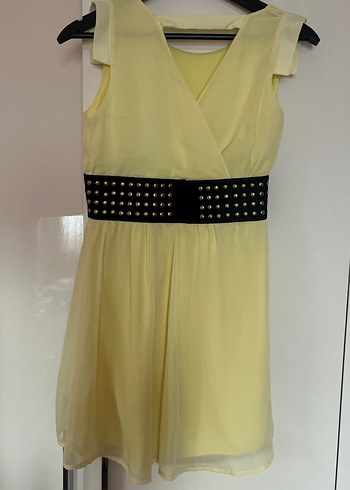 Sarı Kemerli Midi Abiye Elbise - Görsel 2