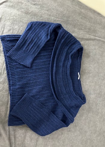 Kadın Mavi Triko Kayık Yaka Kazak - Görsel 2