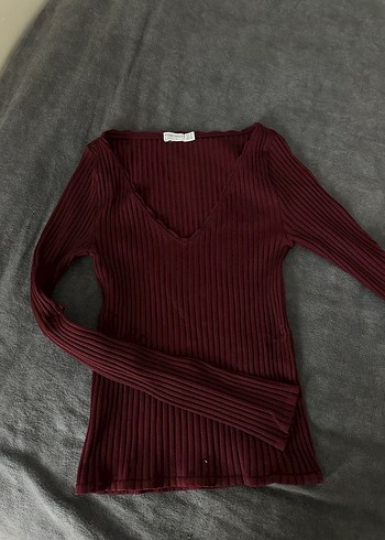 Bordo V Yaka Fitilli Kadın Triko Kazak - Görsel 2