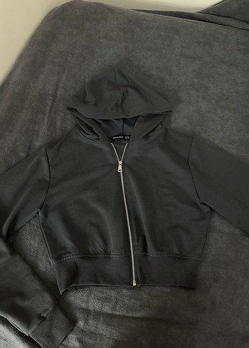 Gri Kapüşonlu Fermuarlı Sweatshirt - Görsel 3