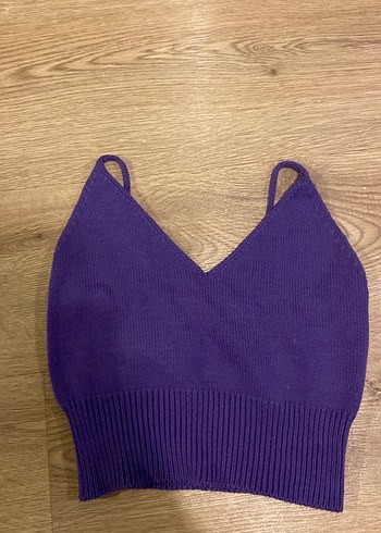 Kadın Mor V Yakalı Örgü Crop Top - Görsel 2