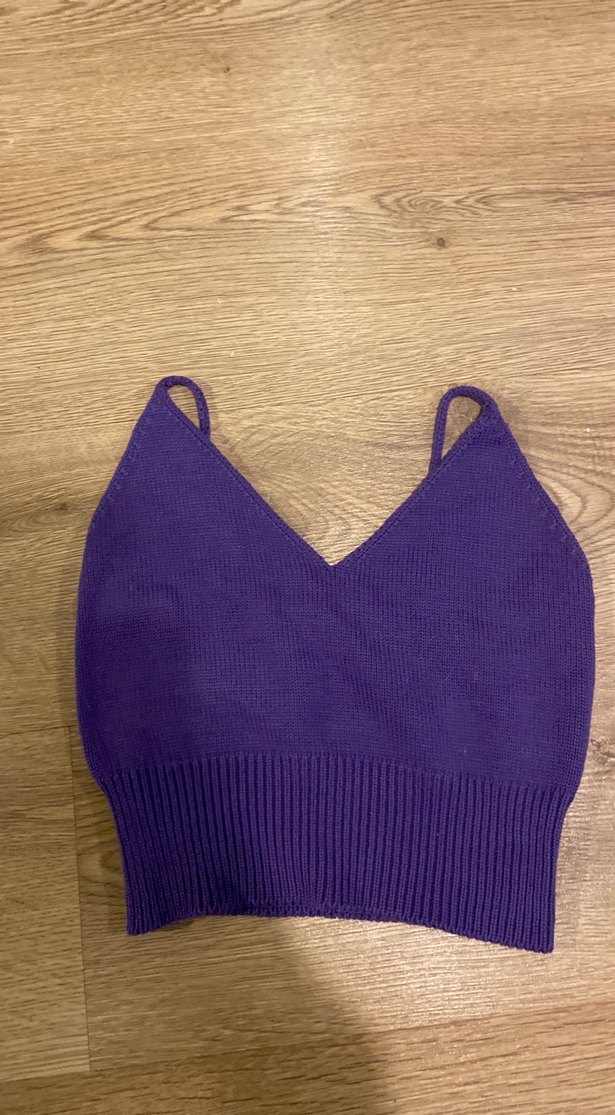 Kadın Mor V Yakalı Örgü Crop Top - Görsel 2