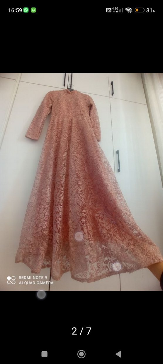 Pembe Dantel Uzun Kollu Bohem Abiye Elbise - Görsel 2