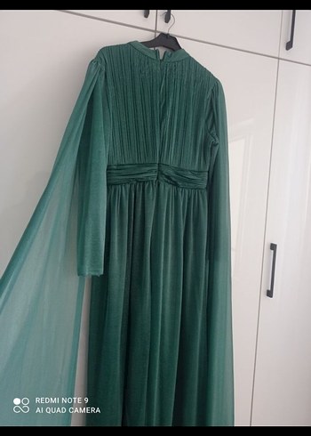 Yeşil Uzun Drapeli Kadın Abiye Elbise - Görsel 4