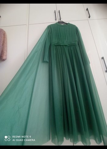 Yeşil Uzun Drapeli Kadın Abiye Elbise - Görsel 2