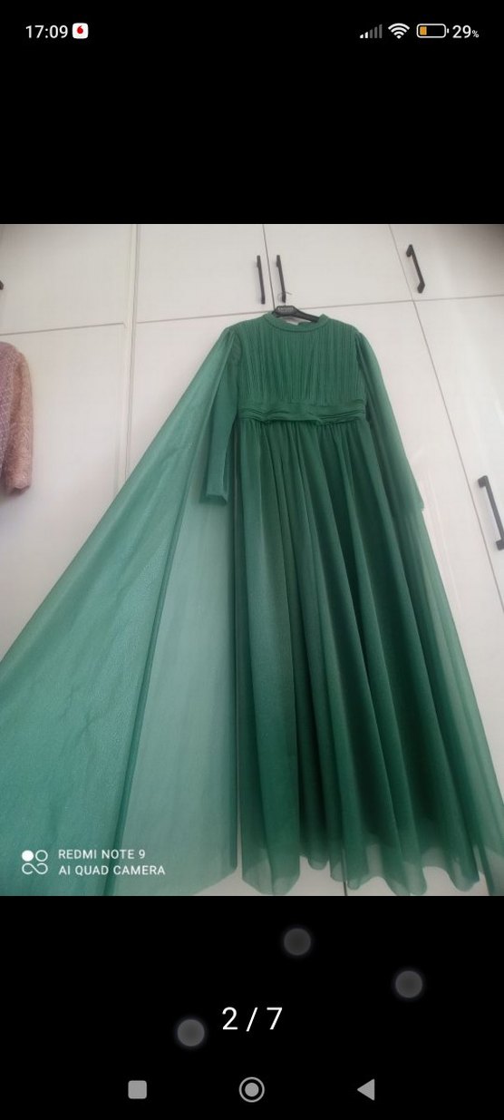 Yeşil Uzun Drapeli Kadın Abiye Elbise - Görsel 2