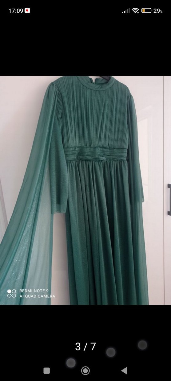 Yeşil Uzun Drapeli Kadın Abiye Elbise - Görsel 3