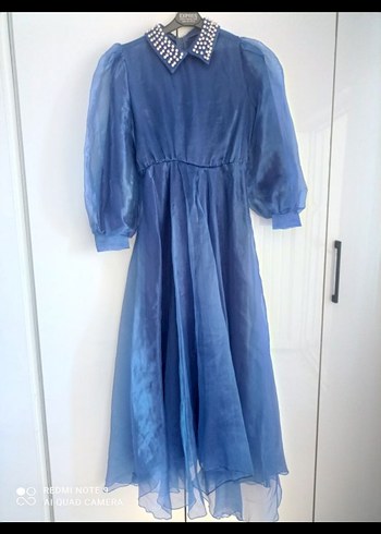 Mavi Uzun Kollu Drapeli Abiye Elbise - Görsel 7