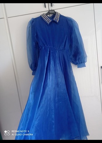 Mavi Uzun Kollu Drapeli Abiye Elbise - Görsel 2