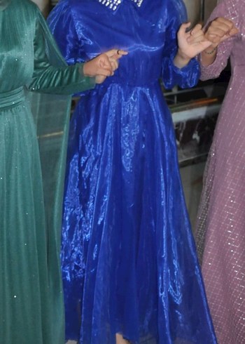 Mavi Uzun Kollu Drapeli Abiye Elbise - Görsel 8