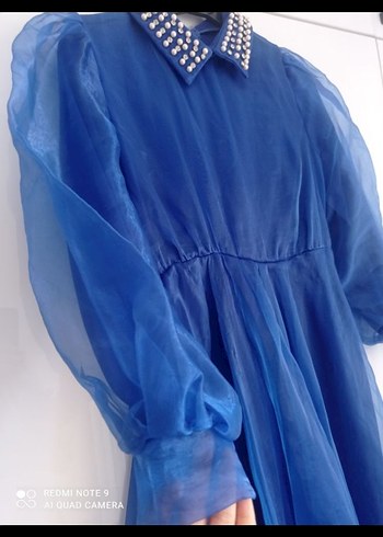 Mavi Uzun Kollu Drapeli Abiye Elbise - Görsel 4