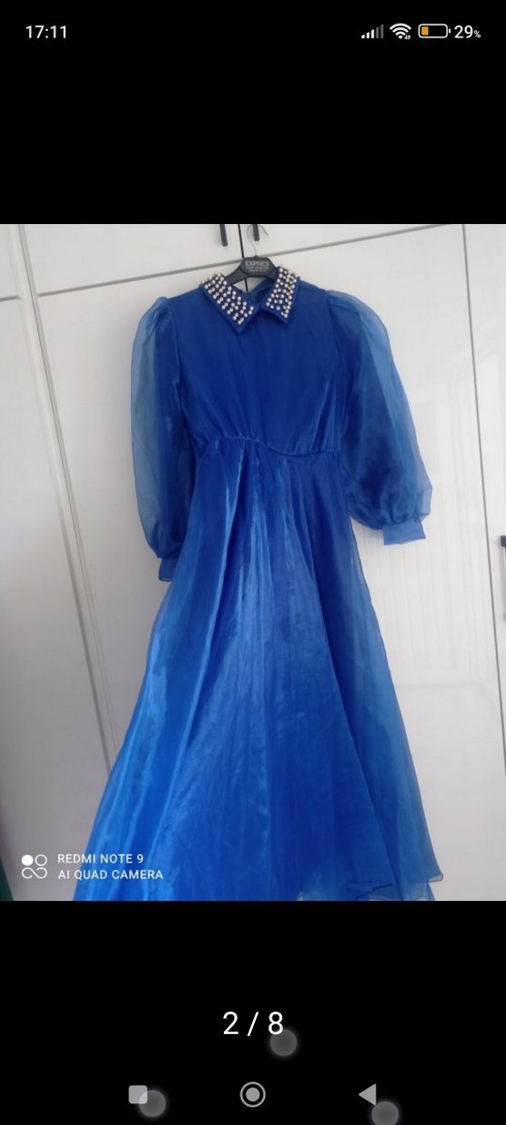 Mavi Uzun Kollu Drapeli Abiye Elbise - Görsel 2