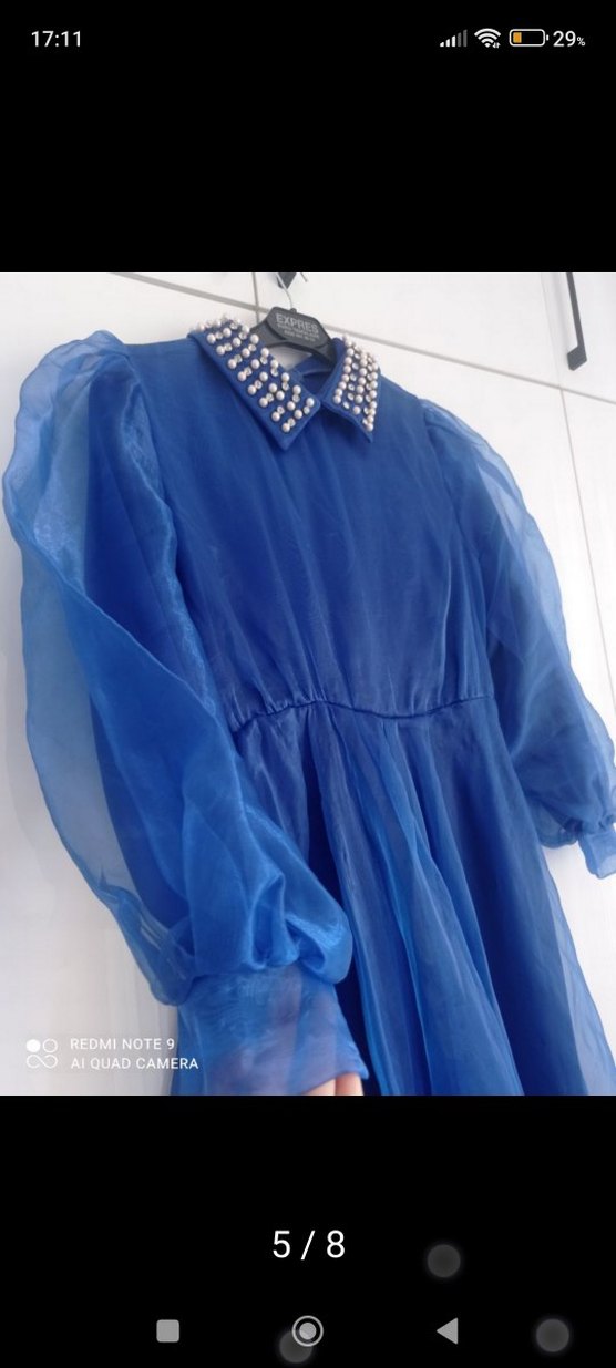 Mavi Uzun Kollu Drapeli Abiye Elbise - Görsel 5