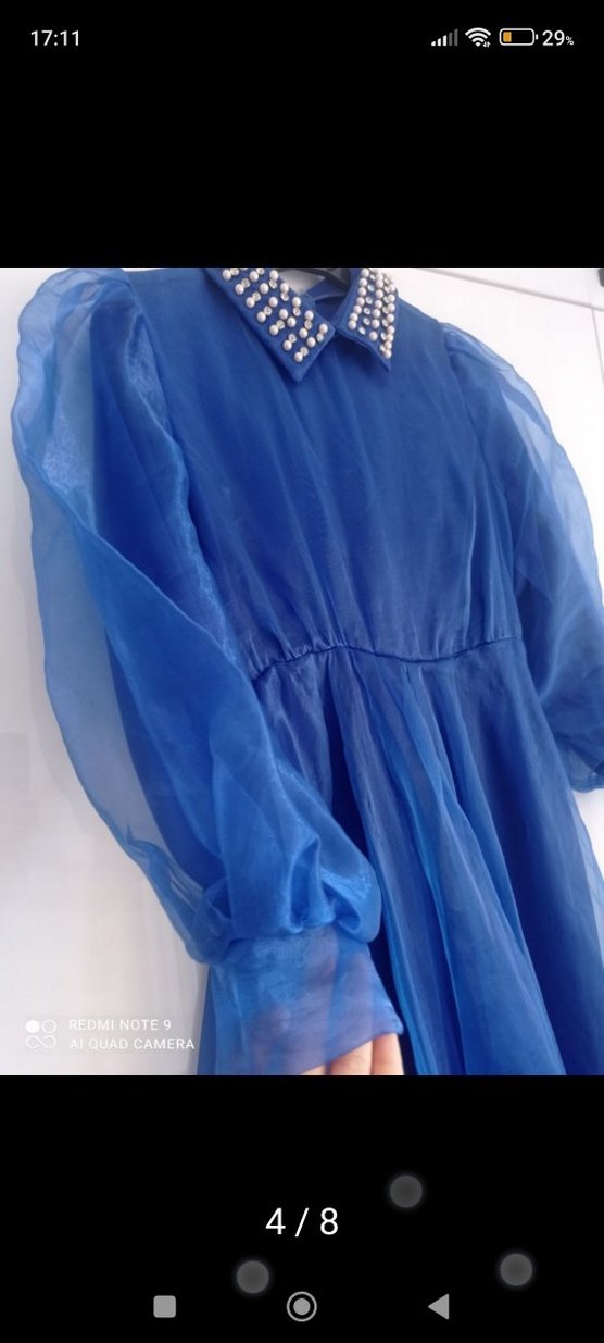 Mavi Uzun Kollu Drapeli Abiye Elbise - Görsel 4