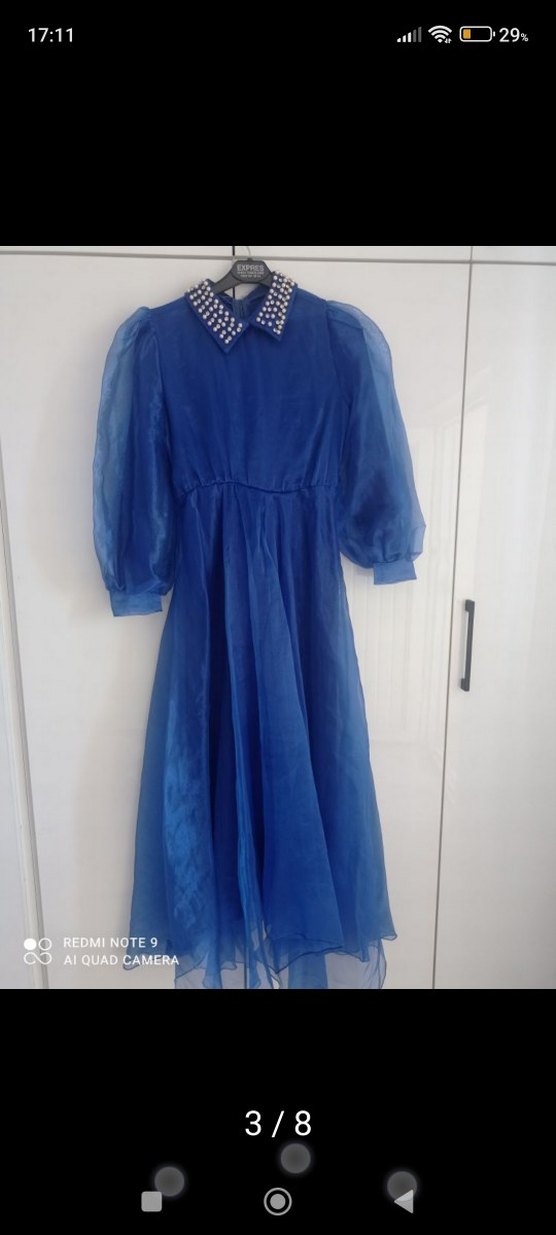 Mavi Uzun Kollu Drapeli Abiye Elbise - Görsel 3