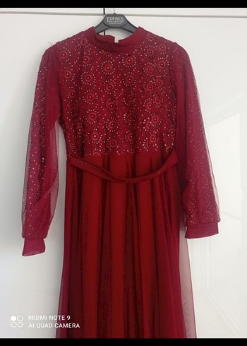 Bordo Uzun Kollu Drapeli Abiye Elbise - Görsel 3