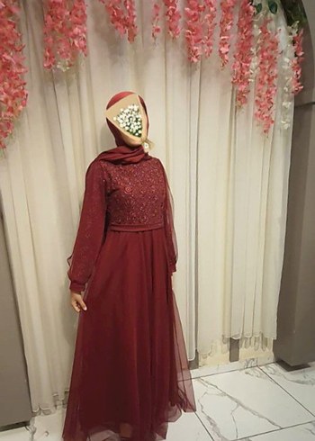 Bordo Uzun Kollu Drapeli Abiye Elbise - Görsel 8