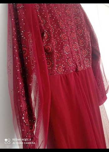 Bordo Uzun Kollu Drapeli Abiye Elbise - Görsel 6