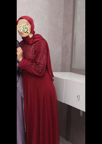 Bordo Uzun Kollu Drapeli Abiye Elbise - Görsel 7