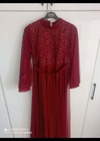 Bordo Uzun Kollu Drapeli Abiye Elbise - Görsel 5