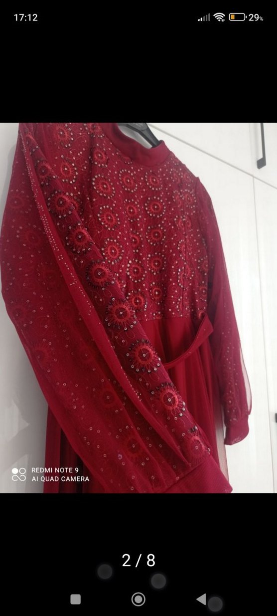 Bordo Uzun Kollu Drapeli Abiye Elbise - Görsel 2