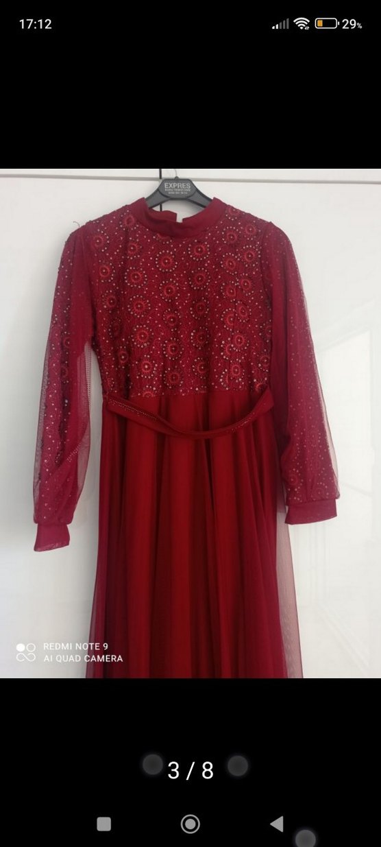 Bordo Uzun Kollu Drapeli Abiye Elbise - Görsel 3