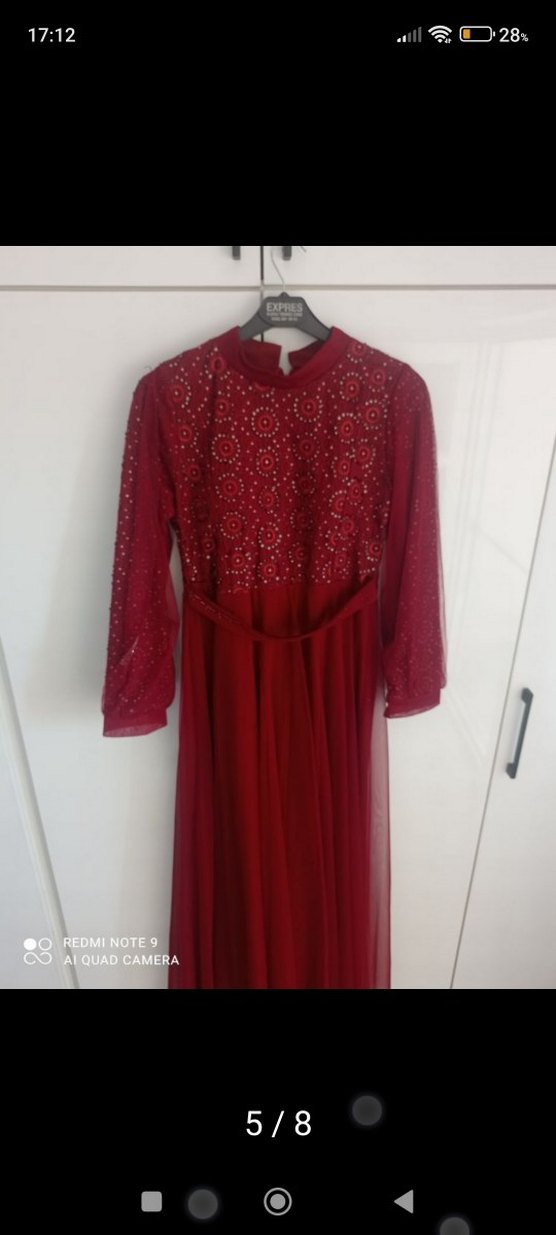 Bordo Uzun Kollu Drapeli Abiye Elbise - Görsel 5