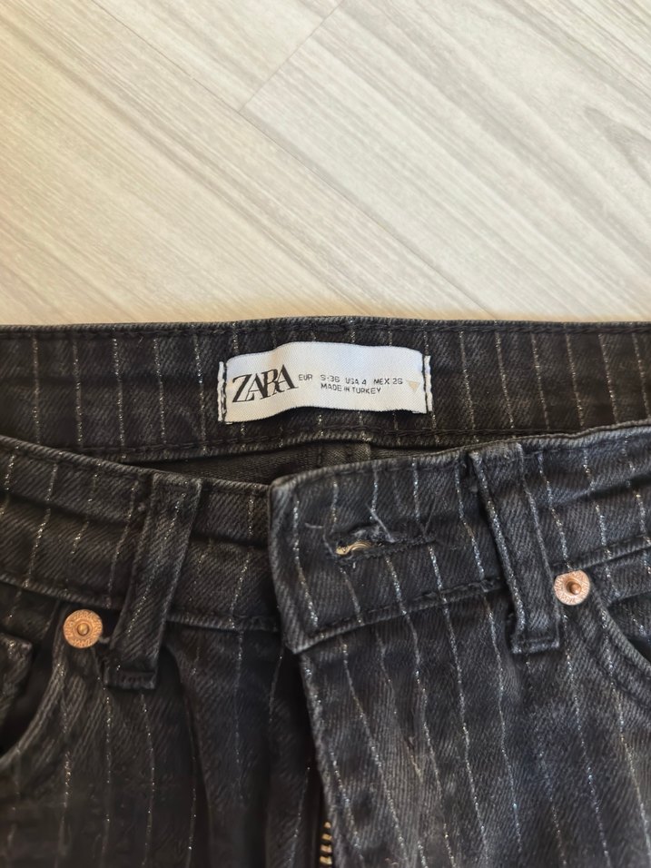 Kadın Siyah Çizgili Pileli Midi Denim Pantolon - Görsel 5