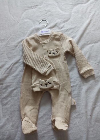 Bej Triko Bebek Erkek Tulum ve Şapka Seti - Görsel 2