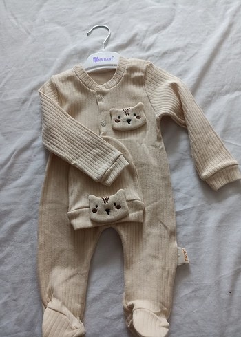 Bej Triko Bebek Erkek Tulum ve Şapka Seti - Görsel 3