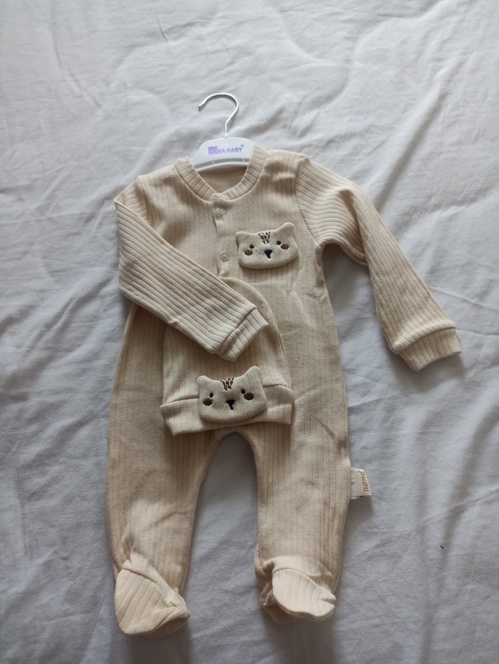 Bej Triko Bebek Erkek Tulum ve Şapka Seti - Görsel 2